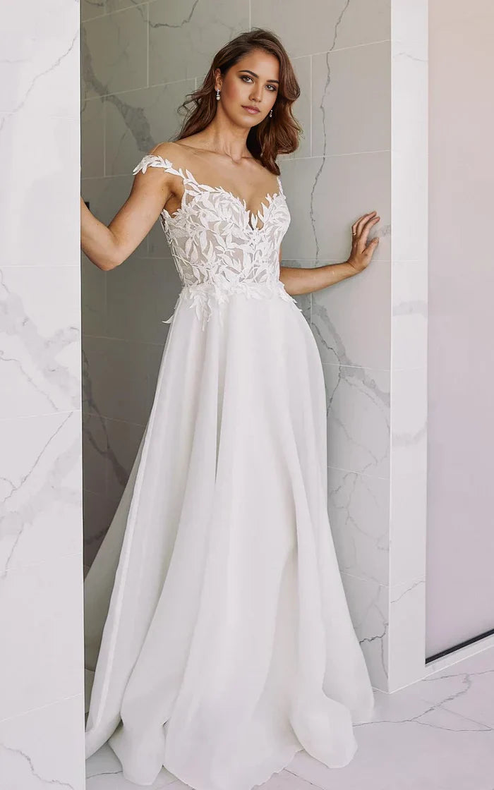 Vestido de novia de gasa con escote en V, largo hasta el suelo y apliques